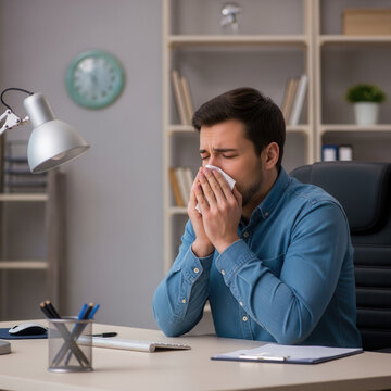 Business Professional Experiencing Allergy Symptoms Sneeze At Modern Office Workspace