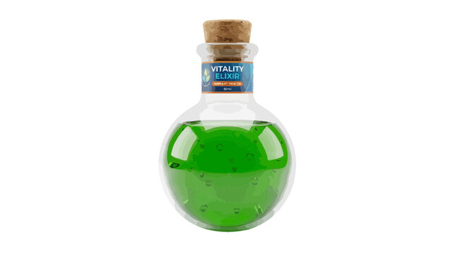 Vector illustration of glass bottle with green liquid potion on a transparent background