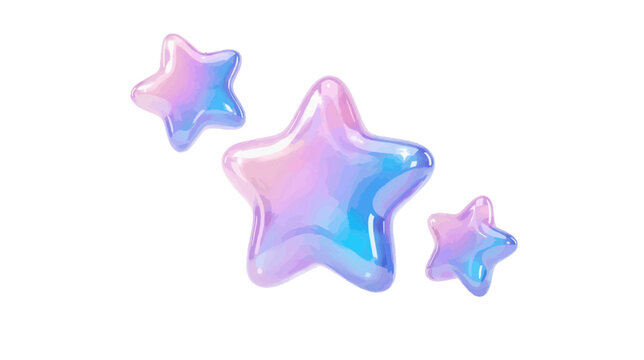 Vector illustration of set of 3d glossy holographic stars on a transparent background