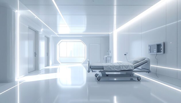 Modern hospital recovery room with futuristic medical bed illuminated by bright sterile white led glowing wall lights