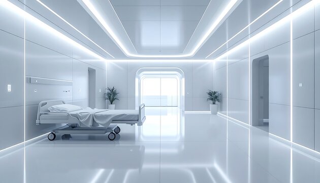 Modern hospital patient room interior with sterile white walls bright clinical lighting and advanced medical equipment equipment background