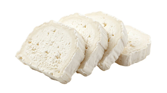 Slices of goat cheese isolated on transparent background, fresh and soft dairy product png.