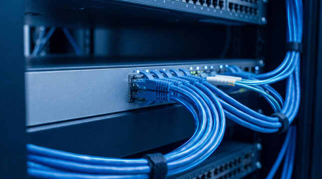 Close-Up Of Blue Ethernet Cables Connected To Network Switch In Server Rack
