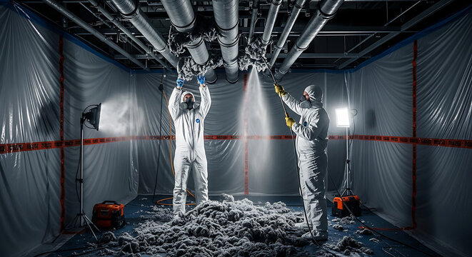 Specialized Asbestos Abatement Team in Protective Hazmat Suits Removing Contaminated Insulation From Industrial Pipes within a Professionally Sealed Containment Area