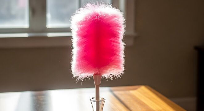 Pink feather duster on wooden surface indoors.