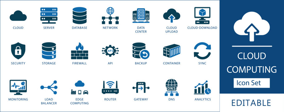 Cloud computing and network infrastructure icon set. Server, database, cloud backup, api, firewall, and data center glyph vector icons for design. 