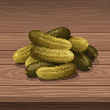 Detailed vector illustration of a pile of pickled gherkins or small cucumbers resting on a dark rustic wooden plank surface, featuring realistic skin textures and natural lighting.