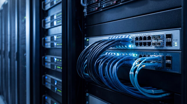 Modern Data Center With Rows Of Servers And Network Cables Connected