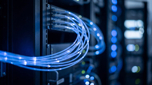 Close-Up Of Glowing Blue Fiber Optic Cables In A Server Room With Bokeh Lights