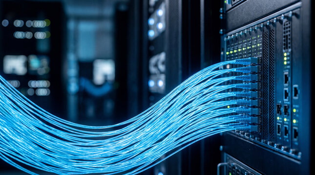 Close-Up Of Blue Fiber Optic Cables Connecting To A Server Rack In A Data