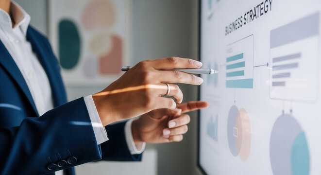Business Professional Explaining Strategy On A Screen During A Company Presentation