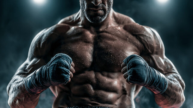 Close up a strong fighter man , big muslce , standing on the fight stage, spot light is background , action cinematic mood.