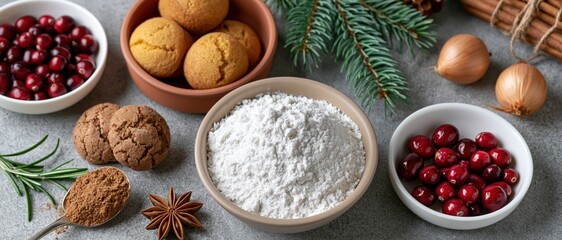 Fototapeta premium A delightful assortment of holiday baking ingredients displayed aesthetically, including flour, spices, and cranberries, evoking warm memories and the joy of culinary traditions.