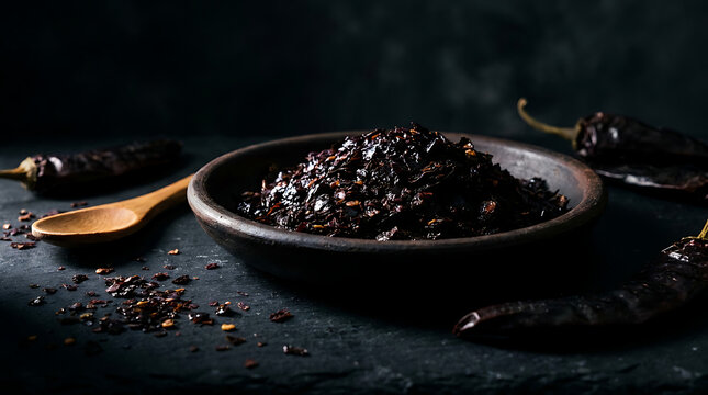 Moody Dark Photo of Oily Turkish Urfa Biber Chili Flakes