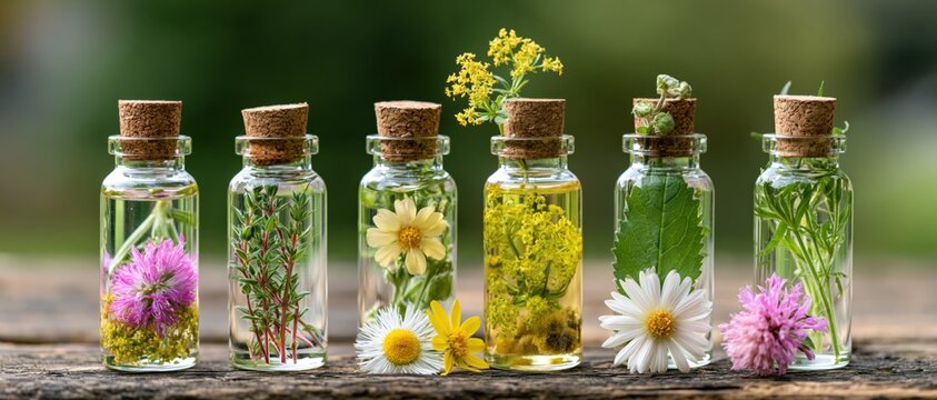 A colorful array of glass bottles filled with herbal extracts showcases nature's bounty, filled with flowers and herbs, ideal for aromatherapy and natural remedies.