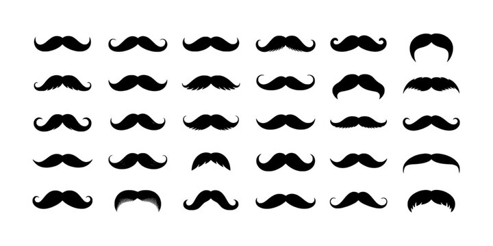 Moustache vector icon set with different curled mustache shapes for face style, barbershop, and beard fashion design