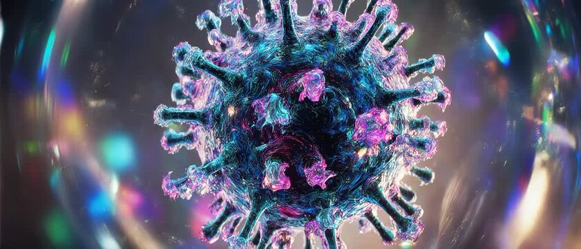 Futuristic neon glowing plasma fluid shaping an abstract microscopic virus structure