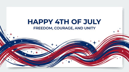 Obraz premium Patriotic 4th of july greeting card with red white and blue swirls and stars on white background