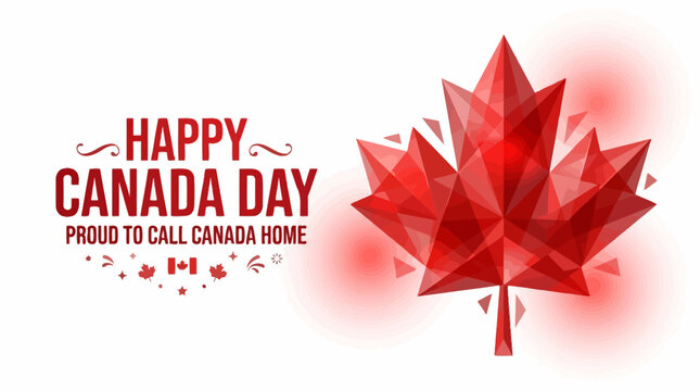 Happy canada day celebration with geometric red maple leaf and patriotic text on white background