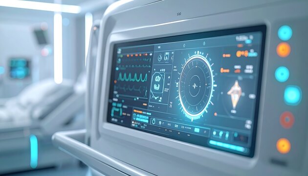 Advanced medical monitor displaying vital signs interface with glowing blue interface in modern hospital ward