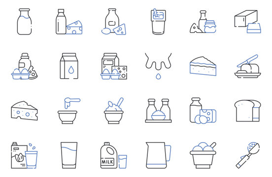 Dairy Products Line Icons Set Milk, Cheese, Yogurt, Butter, Ice Cream, Cream, Bread Editable Stroke Vector Illustration