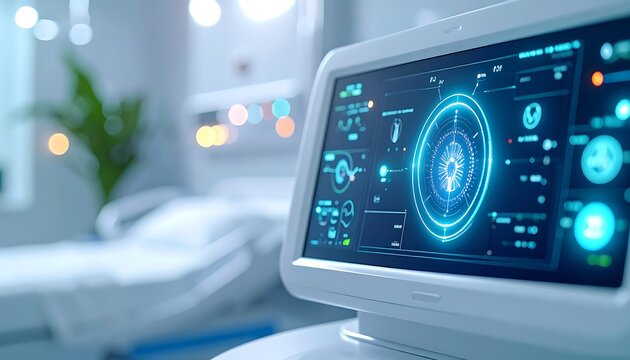 Advanced medical monitor displaying vital signs interface with glowing blue interface in modern hospital ward