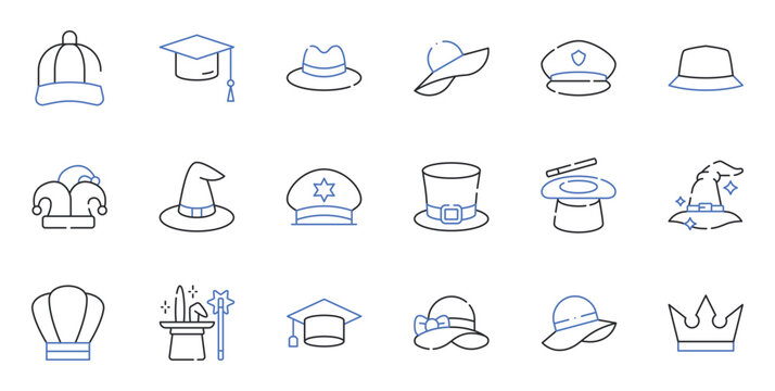 Hat and Headwear Line Icons Set Graduation Cap, Baseball Cap, Fedora, Wizard Hat, Police Hat, Crown Editable Stroke Vector Illustration