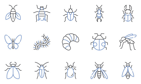 Insects Flat Line Icons Set Bee, Butterfly, Beetle, Ladybug, Firefly, Mosquito, Fly, Centipede and Bug Editable Stroke Vector Illustration