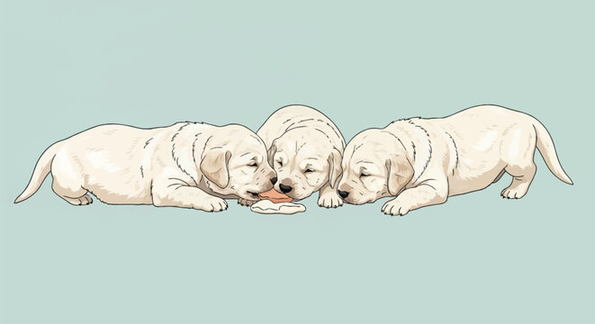 Vector illustration featuring three cream-colored newborn Labrador or Golden Retriever puppies huddling together and feeding from a spill of milk on a light blue background.