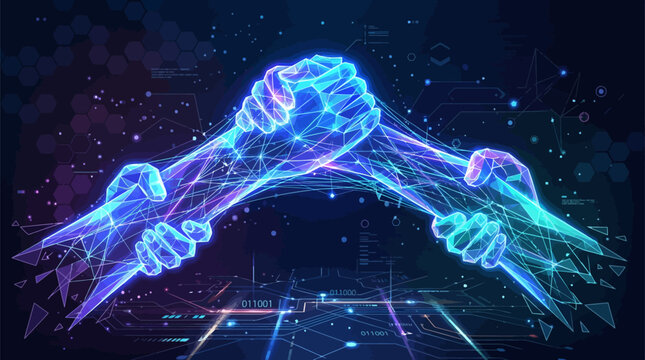 Glowing blue hands shaking in a digital network background with neon lines and binary code