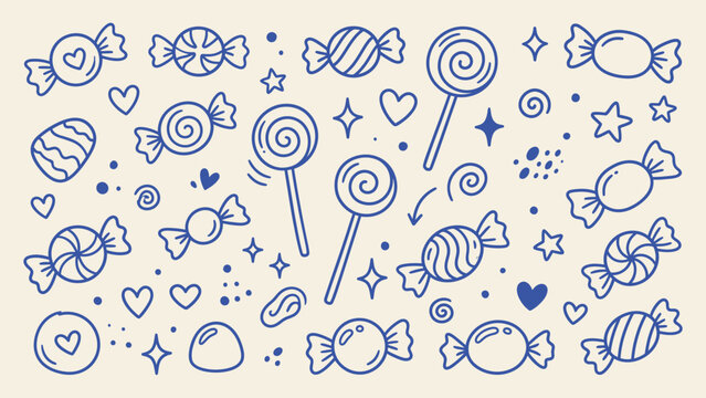 Hand drawn candy doodle set with lollipops wrapped sweets hearts and stars vector illustration for festive design
