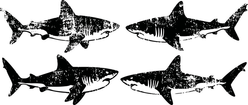 Vintage black sharks set four different shark silhouettes in distressed texture design ocean predator illustrations