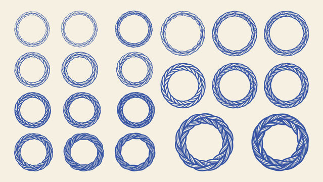 Set of blue circular braided rope frames and borders with various thicknesses and patterns for decorative design and logo elements