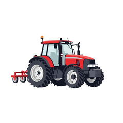 Naklejka premium Red agricultural tractor vector illustration with large tires and cabin isolated on white background, modern farm machinery for field work and heavy duty crop cultivation tasks.