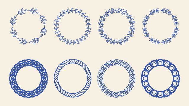 Set of blue circular floral and geometric wreath vector icons with botanical borders and ornamental braided frames for branding and invitations
