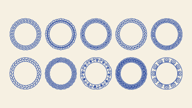 Set of circular decorative frames with braided and knotted patterns blue vector line art borders for logos and ornamental design