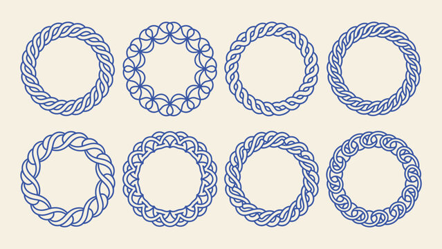 Blue circular decorative frames with braided and twisted line patterns vector borders for logo design and branding