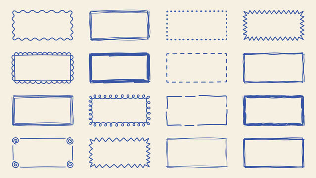 Hand drawn blue doodle frames and rectangular border collection with various sketch styles including dashed dotted wavy and zigzag lines for graphic design