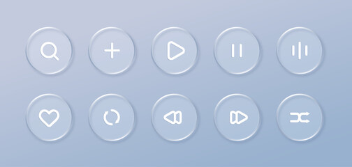 Fototapeta na wymiar Glass music player interface icon on transparent background. Abstract 3d button panel for mobile phone app interface or web, vector illustration. Play, sound, like, add and search icon set.