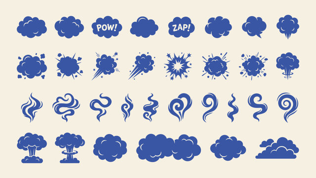 Comic book explosion and smoke cloud vector icons with speech bubbles and steam trails for creative design