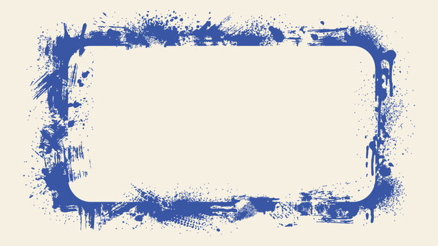 Blue distressed rectangular frame with paint splatters and ink drips vector for creative border and text placement