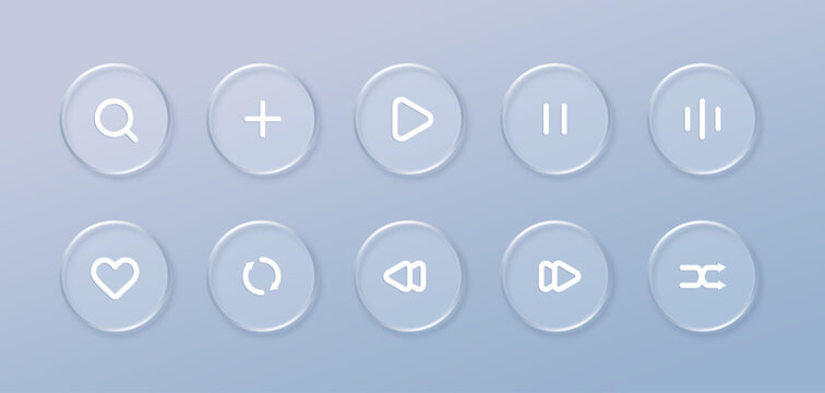 Glass music player interface icon on transparent background. Abstract 3d button panel for mobile phone app interface or web, vector illustration. Play, sound, like, add and search icon set.