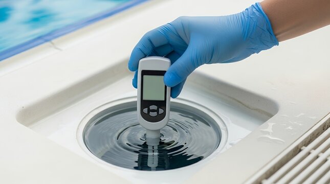 Professional testing water quality with digital photometer in clean pool maintenance setting