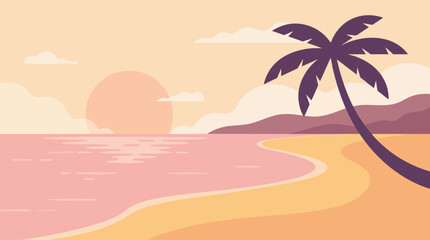 Obraz premium Tropical Beach Sunset Vector Landscape Summer Vacation Background