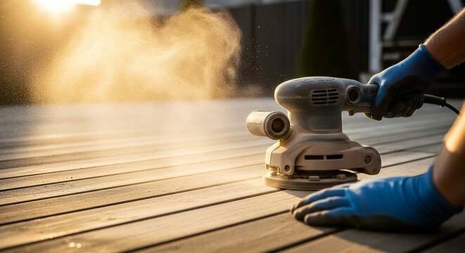 Worker sanding wooden floor with electric sander during home renovation in sunlight