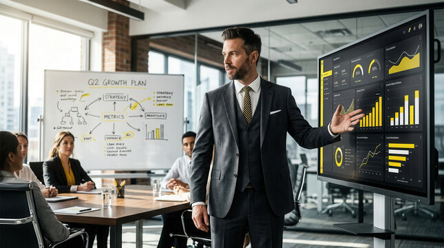 Business Professional Presents Financial Data During Strategic Meeting To Colleagues