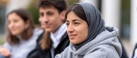 Obraz premium A vibrant image capturing a group of young people engaged in deep conversation, showcasing candid expressions and cultural diversity in a relaxed outdoor setting.
