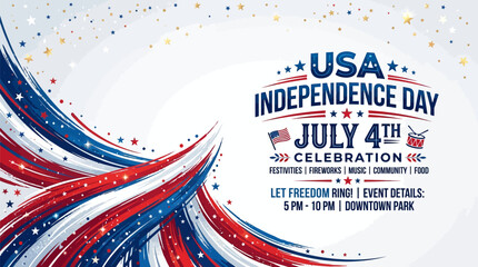 Obraz premium Usa independence day july 4th celebration poster with red white and blue swirls and stars
