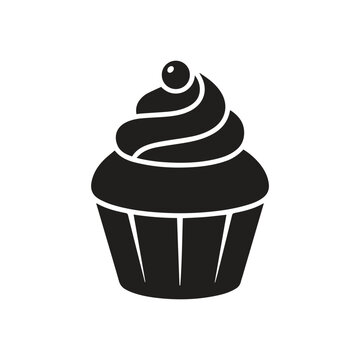 Minimalist black silhouette vector icon of a cupcake with frosting