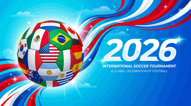 Vibrant 2026 international soccer tournament graphic with globe soccer ball and country flags on blue background with red white and blue accents